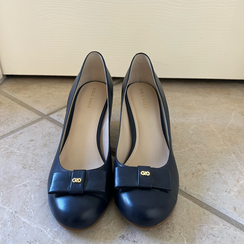 Cole Haan Adair Leather Bow Wedge- Navy